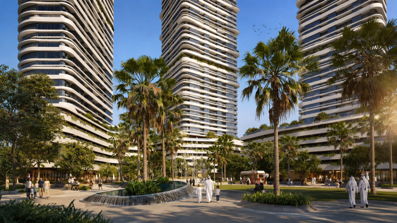 Three-bedroom waterfront apartment interior with wraparound balcony